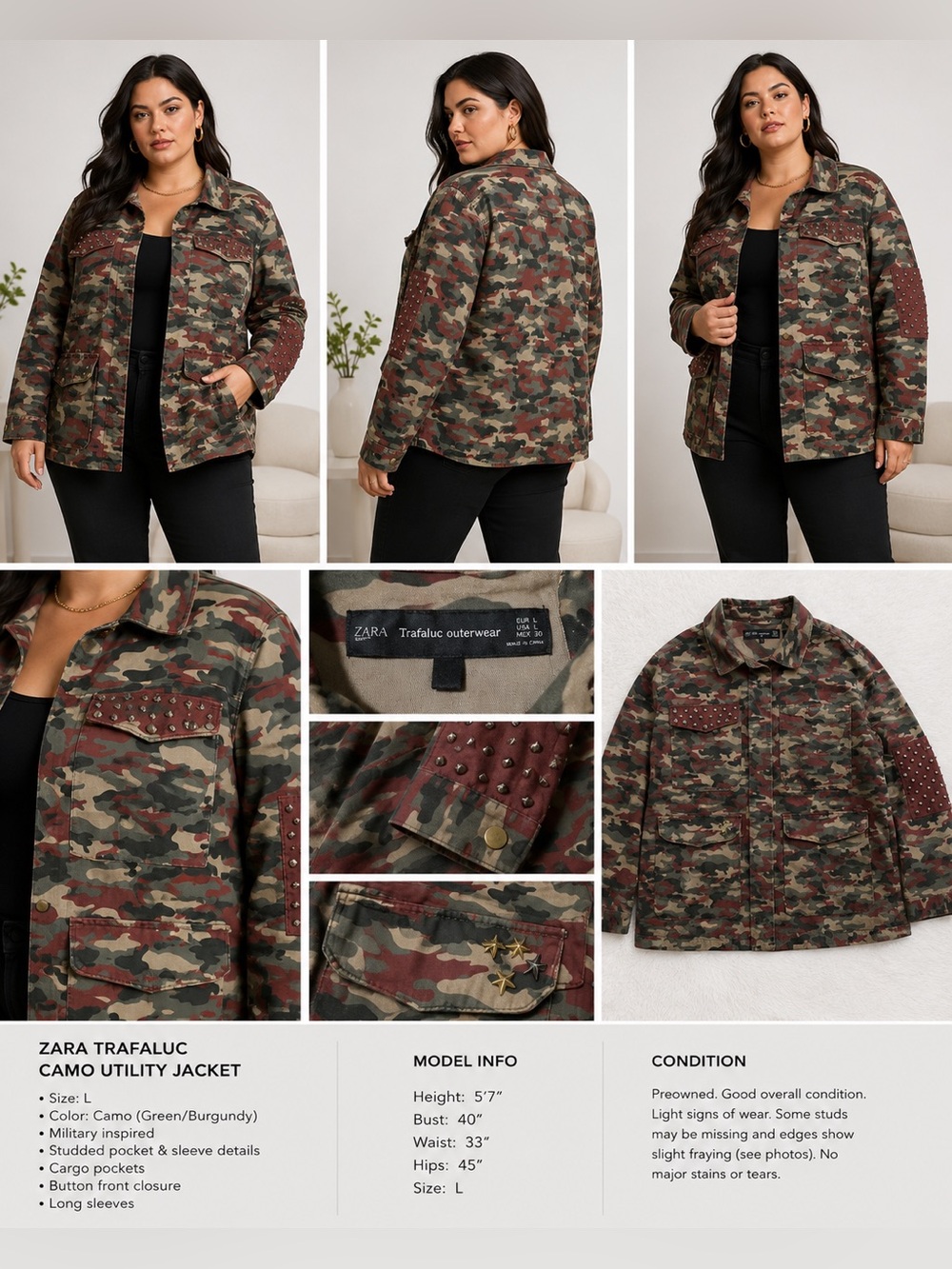 Zara Trafaluc Camo Utility Military Jacket Studded Details Size L